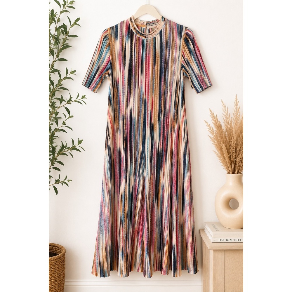 Kelly Obi New York Pleated Midi Dress Multicolor Stripe Mock Neck Stretch